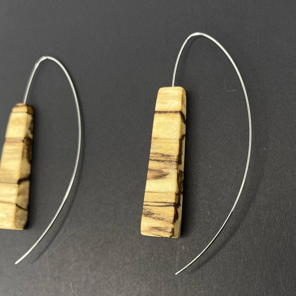 UNIQUE GENUINE WOODEN EARRINGS WITH A LONG STEM CURVED BACK - Picture 6 of 9